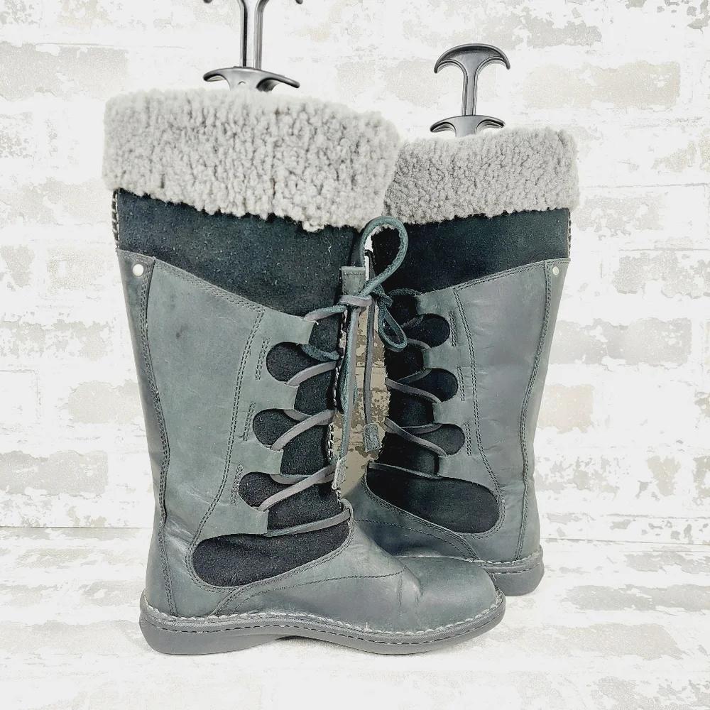 UGG Torrey Black Leather Knit Tall Pull on Winter Snow Boots V704 - Picture 3 of 12
